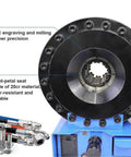 Close-up of Handheld Hydraulic Hose Crimping Machine With 7 Die Sets And Real Time Pressure Gauge, showcasing CNC engraving and fittings.