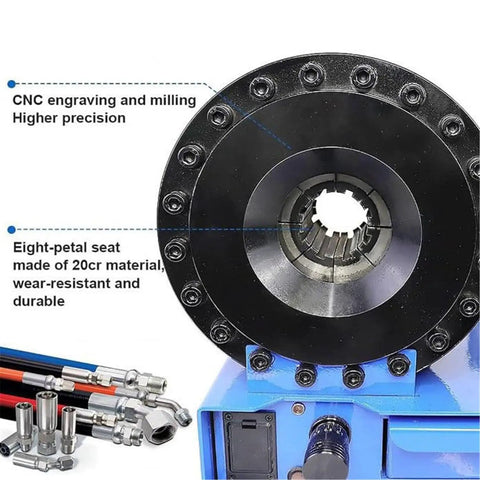 Close-up of Handheld Hydraulic Hose Crimping Machine With 7 Die Sets And Real Time Pressure Gauge, showcasing CNC engraving and fittings.