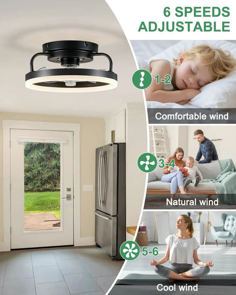 Low Profile 12 Inch Black Ceiling Fan With Lights Flush Mount Bladeless Fandelier for bedroom, remote control and app compatible