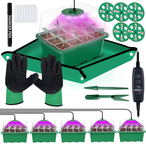 Five Pack Seed Starter Tray With LED Grow Light, 60 Cell Germination Kit showing trays, LED lights, gloves, and tools