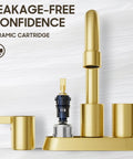Brushed Gold 4 Inch Centerset Lead Free Bathroom Faucet With Two Handles Dope Swivel Spout Copper Pop Up Drain And Two Water Supply Lines For Easy Install And Clean Look featuring ceramic cartridge close-up
