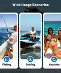 Collage of usage scenarios for Powerful 4 Stroke 4HP Outboard Motor with fishing, surfing, and vacation activities