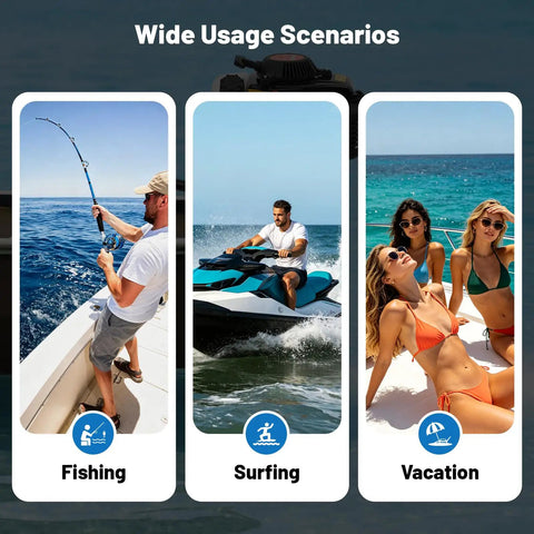 Collage of usage scenarios for Powerful 4 Stroke 4HP Outboard Motor with fishing, surfing, and vacation activities