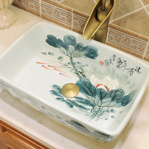 SDVantage Vessel Sink Retro Bathroom Vessel Vanity Sink Ceramic Vessel Sink Above Counter Bathroom Vessel Vanity Sink Rectangle Art Basin with floral design.