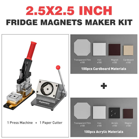 DIY Fridge Magnet Kit 2.5x2.5 Inch, 2-In-1 Magnet Maker And Cutter with press machine and materials.