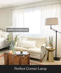 Mid Century Modern Dope Height Adjustable LED Floor Lamp in a cozy living room corner next to a beige sofa and potted plants.
