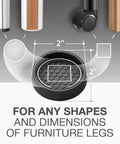 2-Inch Caster Cup Set, 8-Pack Round Furniture Coasters shown with dimensions and compatibility with various furniture legs