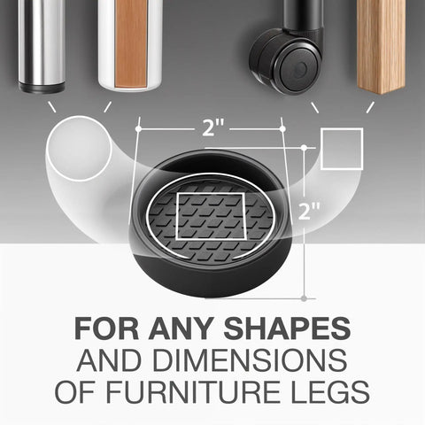 2-Inch Caster Cup Set, 8-Pack Round Furniture Coasters shown with dimensions and compatibility with various furniture legs