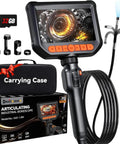 Two Way Articulating Borescope With 1080P HD Endoscope Camera and accessories shown with carrying case and packaging.