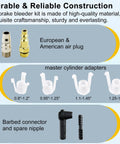 European and American air plug, master cylinder adapters, and barbed connector for 1L Pneumatic Brake Fluid Bleeder Kit With Vacuum Extractor And 90 To 120 PSI Master Cylinder Adapters For Motorcycle And Car Fluid Change Hands Free Operation Self Locking Trigger Refill Bottle Included