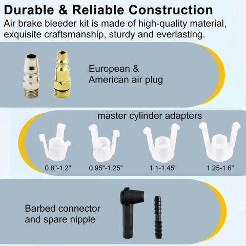 European and American air plug, master cylinder adapters, and barbed connector for 1L Pneumatic Brake Fluid Bleeder Kit With Vacuum Extractor And 90 To 120 PSI Master Cylinder Adapters For Motorcycle And Car Fluid Change Hands Free Operation Self Locking Trigger Refill Bottle Included