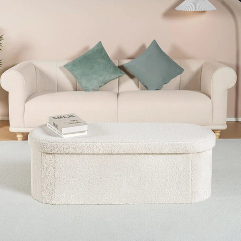 Living room with Go To Storage Ottoman With Cozy Sherpa Lining For Living Room Foldable Foot Rest Bench 43.3 Inch in front of sofa