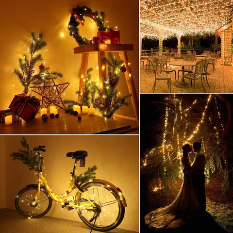 Outdoor Solar String Lights 2 Pack 66ft 200 LED Waterproof Lit Twinkle Lights With 8 Modes illuminating patio and trees.