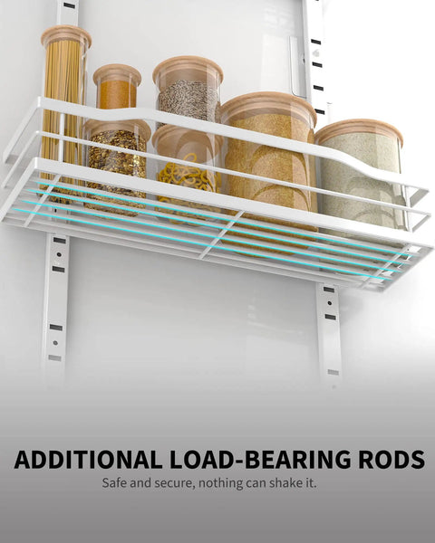 Solid Setup 9 Tier Over The Door Pantry Organizer Built Tough To Store Spices And Jars with jars on a heavy duty metal rack.