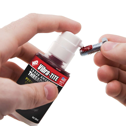 Hands applying Permanent Strength Gel Threadlocker Red For Fasteners Anaerobic Bonding Adhesive 35 Ml Pump to bolt thread