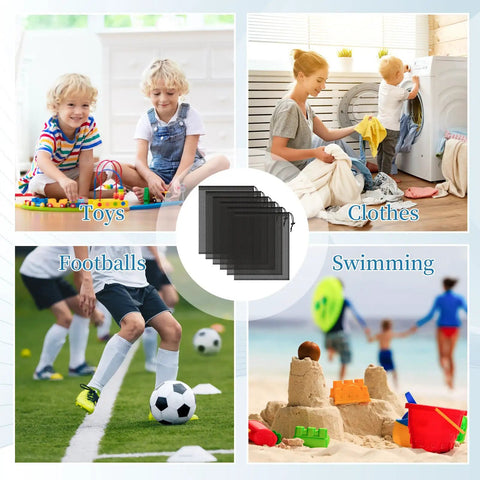 Six Pack Mesh Drawstring Bags 14 By 17 Inches With Locking Drawstrings For gym gear, toys, laundry, footballs, and swimming use.