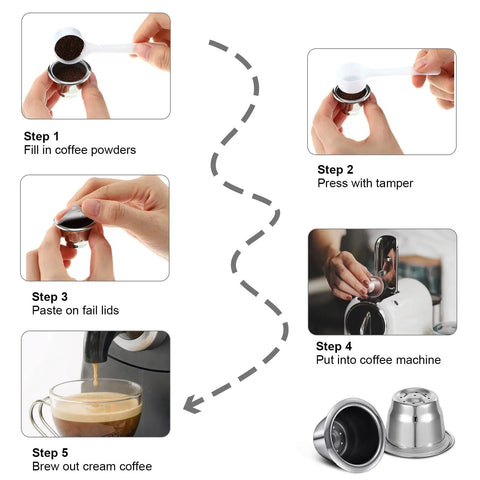 Stainless Steel Reusable Espresso Capsules Set For Nespresso Machines, step-by-step use with illustration showing coffee filling and brewing
