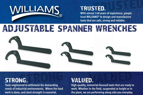 Adjustable Hook Spanner Wrench with 2 to 4 inch span, heavy-duty tool for collars, lock nut rings, and bearings shown in set.