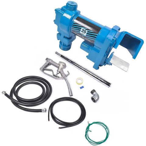 Heavy Duty 20 GPM 12 Volt Fuel Transfer Pump With 50 Amp Auto Fuse Built Like A Tank For Badass Gasoline Diesel Kerosene Methanol And Biodiesel Transfers with hose and nozzle.
