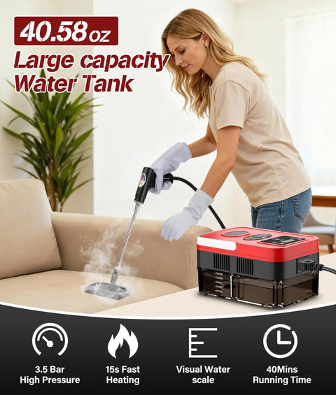 Supercharged 1500W Steam Cleaner with 1.2L Tank and 10s Heat Up delivers 221 Degrees High Pressure Steam in use on upholstery.