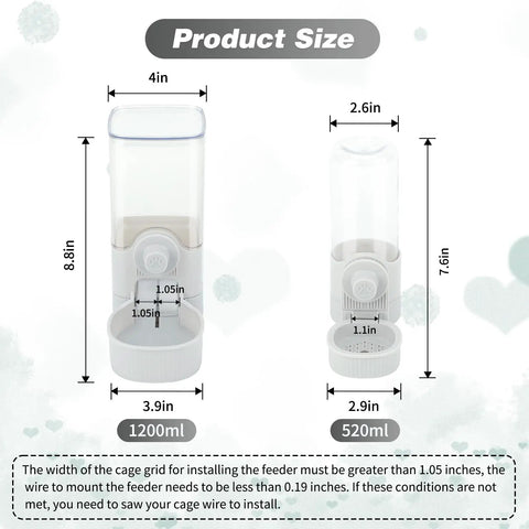 Product size chart for Top Tier Automatic Rabbit Water Dispenser and Food Feeder Combo Large Capacity Grey Bunny Station.