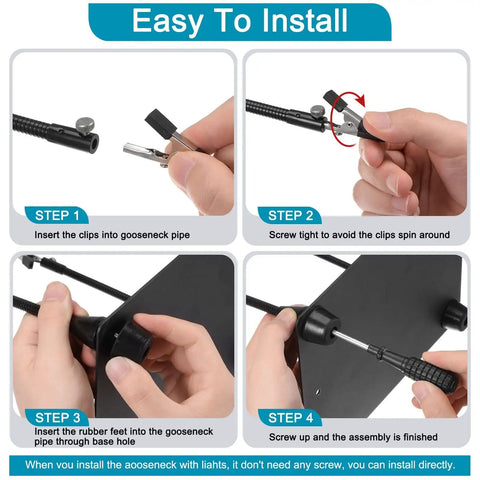 Steps to install Soldering Helper With Four Magnetic Arms, 3X Magnifier Lamp And LED Light, showing hand actions with base and clips.