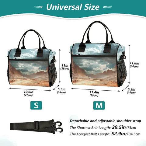 Insulated Lunch Bag for Outdoor Adventures With Desert Landscape Clouds Design sizes S and M with strap and dimensions