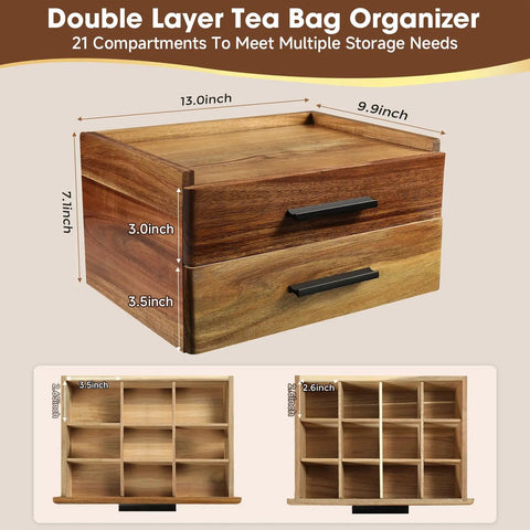 Wood Tea Bag Organizer With Gift Box Double Drawer Tea Box For Tea Accessories Storage On Countertop Or Office Desk Tea Station