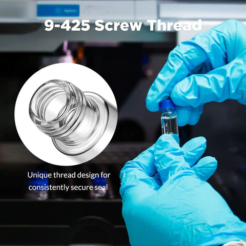 Top Drawer 2ML Clear Borosilicate Glass Autosampler Vials With No Fuss 9 425 Screw Threads for secure sealing and testing.