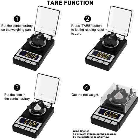 Steps to tare Ultra Precise Milligram Scale 50g 0.001g With 2X 20g Calibration Weights, Reloading Scale For Jewelry And Gold Powder.