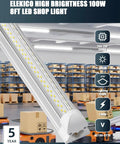 Side view of Six Pack 100W 8 Foot LED Shop Lights with 15000 Lumens 5000K V Shape 270 Degree Lighting in a warehouse setting.