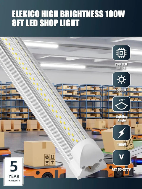 Side view of Six Pack 100W 8 Foot LED Shop Lights with 15000 Lumens 5000K V Shape 270 Degree Lighting in a warehouse setting.