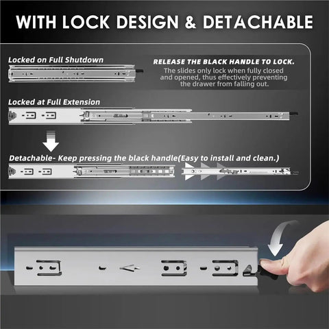 Built Like A Rock Heavy Duty Drawer Slides Side Mount Full Extension Ball Bearing High Load Capacity Powder Coated Finish Silent Glide Cabinet Hardware Pair with lock design and detachable mechanism.