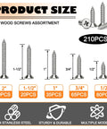 Heavy Duty 304 Stainless Steel Screws Assortment Kit With Flat Head Wood Screws, 210 pcs in various sizes, for DIY repairs.