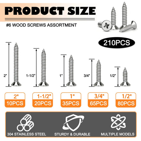 Heavy Duty 304 Stainless Steel Screws Assortment Kit With Flat Head Wood Screws, 210 pcs in various sizes, for DIY repairs.