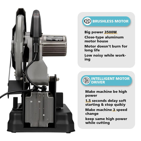 Side view of 14 Inch Brushless Cold Cut Saw with 3500W power, aluminum housing, and features highlighted.