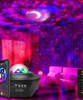 Stellar Sky Projector 3 In 1 Nebula Moon And Star Light With Music Bluetooth Speaker projecting in bedroom with phone and remote.