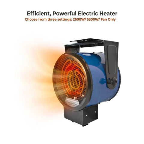 Industrial Ceiling Mounted Garage Heater 5300W 240V Hard Wired Unit with visible heating coils and steel body