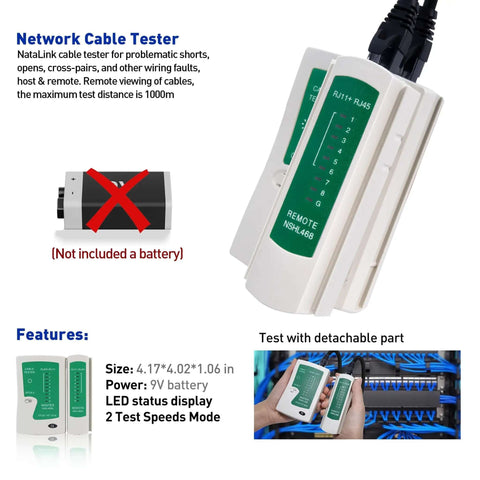 RJ45 Crimp Tool Kit For Ethernet Cabling With Network Cable Tester showing LED display and detachable part feature