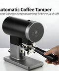Level Up Your Morning Brew Routine With This Dead Nuts Automatic Coffee Tamper For 58mm Portafilters Featuring Precise Digital Pressure Settings And Totally Consistent Ground Compaction. Black automatic coffee tamper with digital display in use.