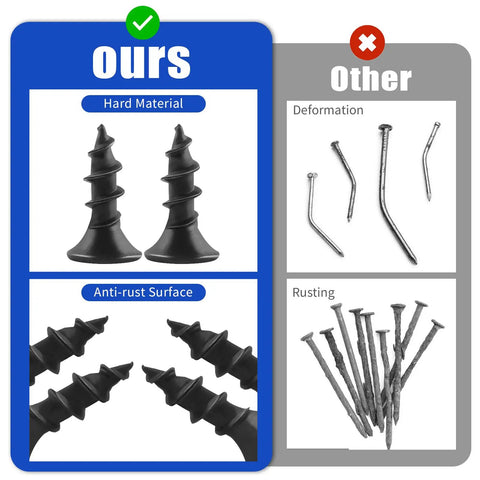 Comparison of Number 8 x 5/8 Inch Flat Head Wood Screws With Black Oxide Finish and self-tapping design against inferior screws.