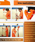 Vertical beam clamp, orange, 4400 lb capacity, 3–9 in opening for steel beams, front view