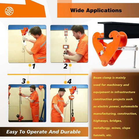 Vertical beam clamp, orange, 4400 lb capacity, 3–9 in opening for steel beams, front view