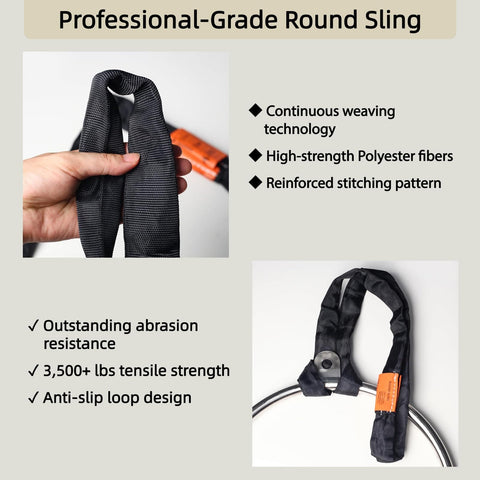 Round Sling For Aerial Hoop 3ft 91cm Beefy Heavy Duty Lifting Strap with features and hand highlighting polyester material.