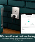 Four Pack Two Point Four GHz WiFi Smart Plugs For Voice Control That Play Nice With Alexa And Google Assistant No Hub Required IFTTT Compatible Remote On Off Via App White in use with app on smartphone next to kitchen appliance.