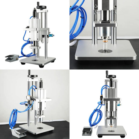 Heavy Duty Pneumatic Vial Crimper Machine For Aluminum Plastic Bottles Semi Automatic Sealer with adjustable foot switch on gray background.