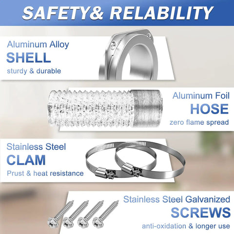 Magnetic Dryer Vent Connector Kit materials: aluminum alloy shell, foil hose, stainless steel clamps, screws for durability.