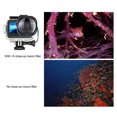 Waterproof GoPro Hero 9 10 11 12 13 Case With Deep Dive 196ft Housing and 4 Pack Macro Filters in underwater use comparison