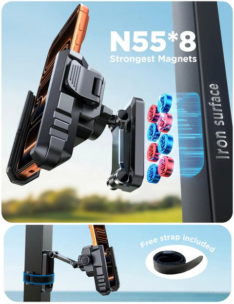 Double Fold Golf Cart Phone Holder Mount With 1 Second Lock Release Magnetic Caddy on iron surface, showing magnets and strap