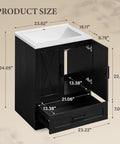 24 Inch Bathroom Vanity With Sink In Pure Black, showing dimensions and layout of modern floor standing design and drawers.